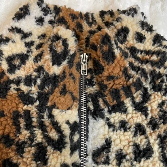 FOREVER 21 Leopard Cheetah Teddy Zip Up Jacket Black Brown Medium Mob Wife - Picture 2 of 3